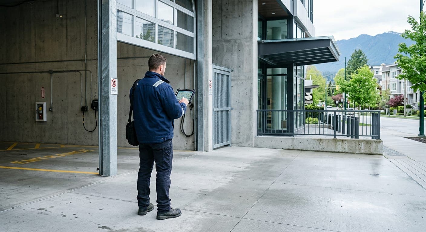 Well-maintained modern residential building entrance with landscaped walkway