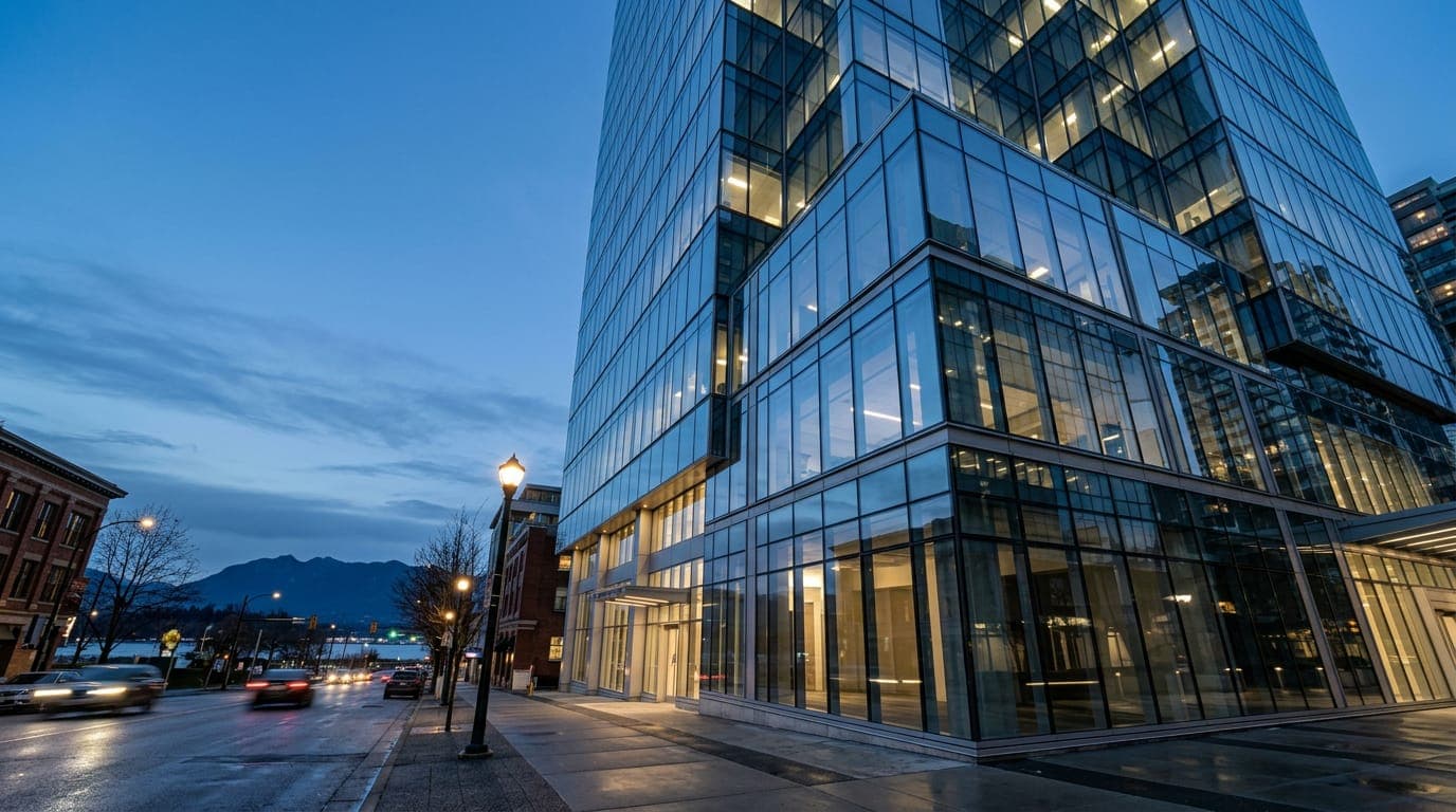 Modern glass commercial tower in Vancouver at dusk, viewed from street level