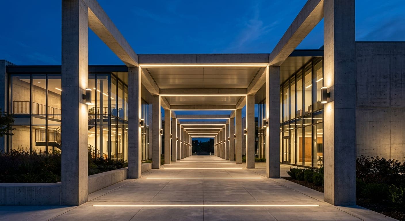 Commercial building colonnade illuminated by linear exterior lighting at dusk