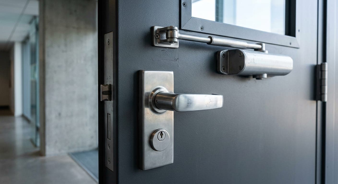 Commercial-grade stainless steel lever lock on a steel door