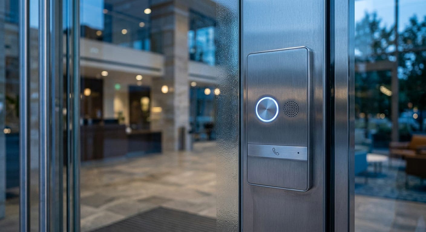 Electronic fob access reader and intercom panel beside a glass building entrance